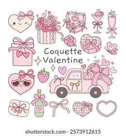 Draw vector illustration collection pink coquette valentines Trendy groovy Love vibes Doodle cartoon style