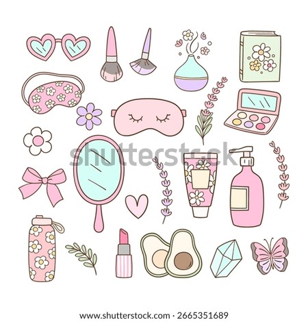 Draw vector illustration collection pink wellness girl Soft aesthetic spa Doodle cartoon style