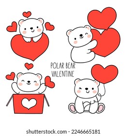 Draw vector illustration collection polar bear with red heart for valentine day Doodle cartoon style