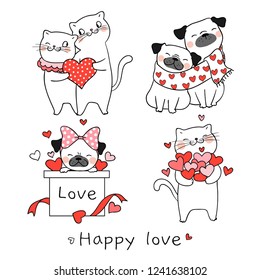 Draw vector illustration collection portrait cute cat and pug dog with little heart for valentine day.Isolated on white.Doodle cartoon style.