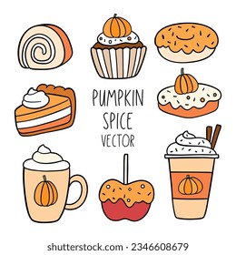 Draw vector illustration collection pumpkin spice For fall and autumn Doodle cartoon style