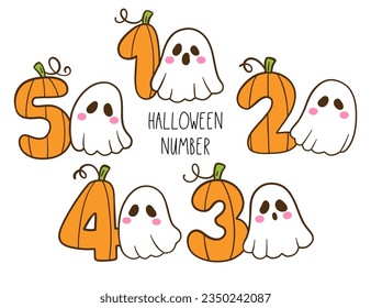 Draw vector illustration collection pumpkin ghost number Spooky halloween Doodle cartoon style