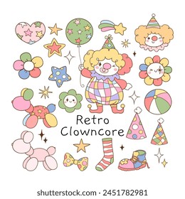 Draw vector illustration collection retro clowncore Groovy kidcore aesthetic Doodle cartoon style