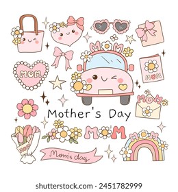 Draw vector illustration collection retro mother's day Trendy mom life Doodle cartoon style