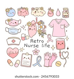 Draw vector illustration collection retro pink nurse life Groovy nurse day Doodle cartoon style