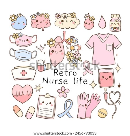 Draw vector illustration collection retro pink nurse life Groovy nurse day Doodle cartoon style