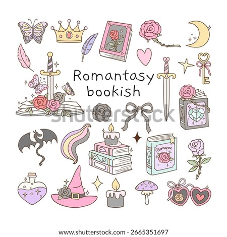 Draw vector illustration collection romance book Girls reading Fantasy novel Doodle cartoon style