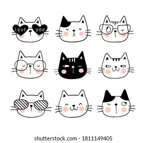 Draw vector illustration collection silhouette face of cat for cut file print on T-shirt Doodle cartoon style.