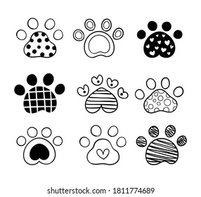 Draw vector illustration collection silhouette pet paw for cut file print on T-shirt.Doodle cartoon style.