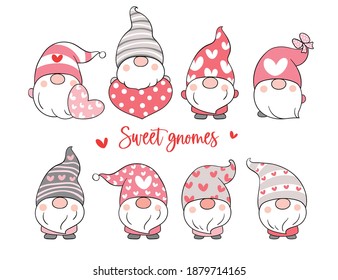 Draw vector illustration collection sweet gnomes for valentine day.Cartoon style.