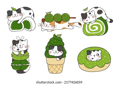 Draw vector illustration collection sweet cats Matcha dessert concept Doodle cartoon style