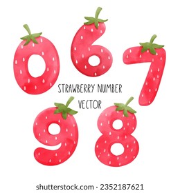 Draw vector illustration collection sweet strawberry number Birthday kids Watercolor painting