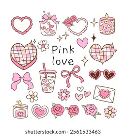 Draw vector illustration collection valentine element Trendy groovy pink girly Doodle style