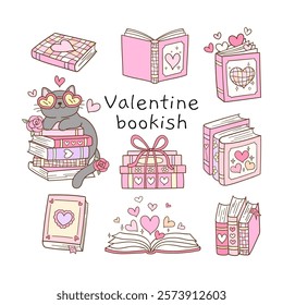 Draw vector illustration collection valentine bookish Book lover Love reading Doodle cartoon style