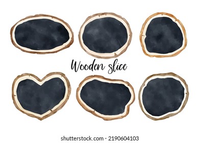 Draw vector illustration collection wood slice Black chalkboard Watercolor style