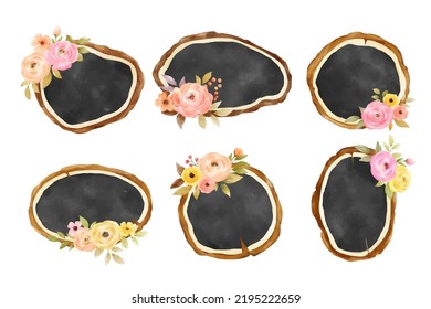 Dibujar ilustración vectorial rebanada de madera Tablero negro con disposición floral para otoño Estilo acuarela