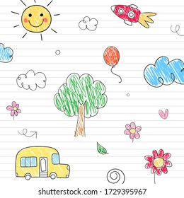 Draw vector illustration colorful objects and icon on paper.For back to school,print poster and background.Doodle kid style.