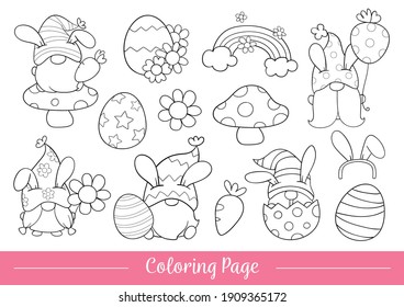 Draw vector illustration coloring page of gnome for Easter and spring. Doodle cartoon style.