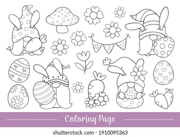 Draw vector illustration coloring page cute gnome for Easter and spring. Doodle cartoon style.