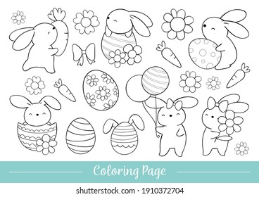 Draw vector illustration coloring page cute bunny for Easter and spring. Doodle cartoon style.