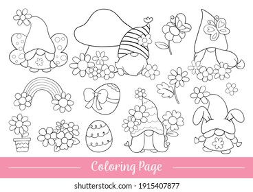 Draw vector illustration coloring page of gnome for spring season Doodle cartoon style