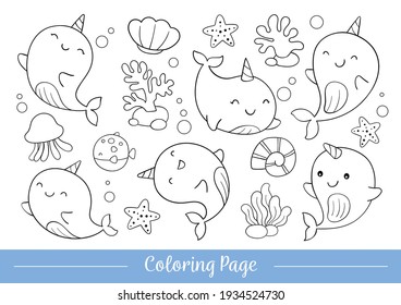 Draw vector illustration coloring page cute narwhal Doodle cartoon style