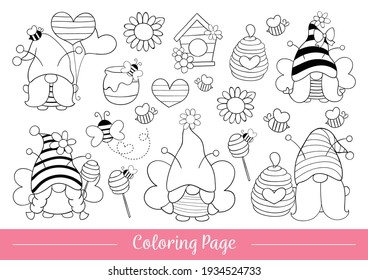 Draw vector illustration coloring page cute bumble bee gnome for spring Doodle cartoon style