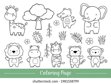 Draw vector illustration coloring page cute safari animals Doodle cartoon style