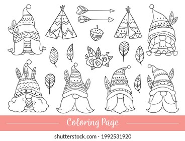 Draw vector illustration coloring page tribal gnome Doodle cartoon style