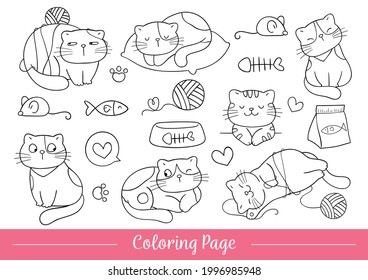 Draw vector illustration coloring page cute cat Happy pets Doodle cartoon style