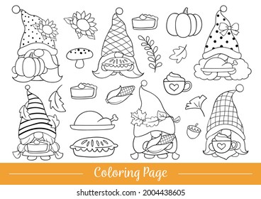 Draw vector illustration coloring page thanksgiving gnome Doodle cartoon style