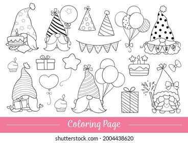 Draw vector illustration coloring page birthday gnome Doodle cartoon style