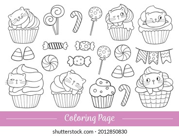 Draw vector illustration coloring page cat cupcake in halloween Doodle cartoon style