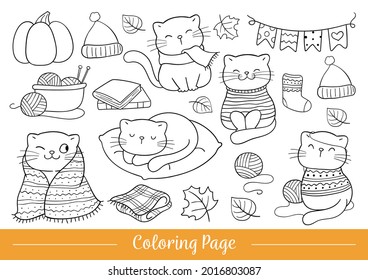 Draw vector illustration coloring page happy cat in autumn Doodle cartoon style