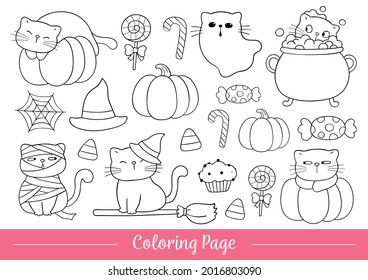 Dibujar ilustración vectorial colorear página halloween gatos lindos Estilo de dibujos animados Doodle