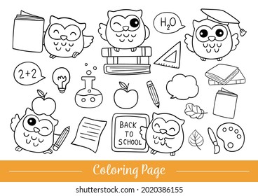 Draw vector illustration coloring page cute owls with back to school concept Doodle cartoon style