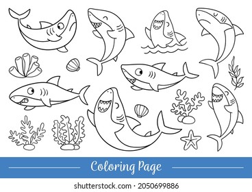 Draw vector illustration coloring page cute shark Doodle cartoon style