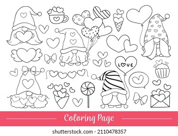 Draw vector illustration coloring page gnome valentine day Doodle cartoon style