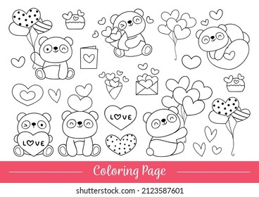 Draw vector illustration coloring page baby panda for valentine day Doodle cartoon style