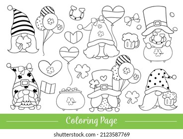 Draw vector illustration coloring page St Patrick gnomes Doodle cartoon style