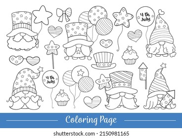 Draw vector illustration coloring page cute gnomes for 4th of July Doodle cartoon style