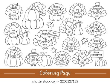 Draw vector illustration coloring page cute  turkey for Thanksgiving day Doodle cartoon style