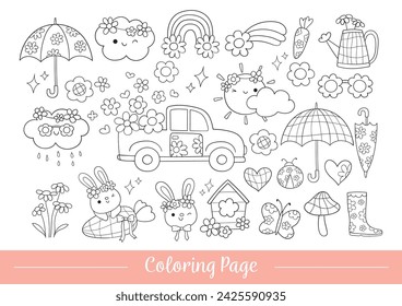 Draw vector illustration coloring page groovy spring Retro Bunny Daisy flower Weather Line art Doodle cartoon style