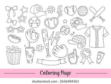 Draw vector illustration coloring page girly baseball Trendy sport girl Doodle cartoon style