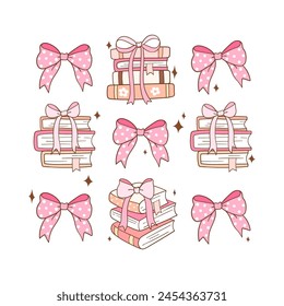 Draw vector illustration coquette book lover Pink bow Solf girl Printable sublimation for shirt Doodle cartoon style