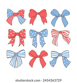 Draw vector illustration coquette bow 4th of july Solf girl Independence day Printable shirt Doodle cartoon style