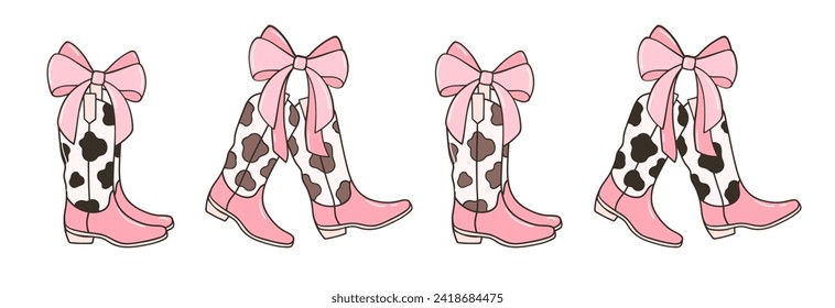 Draw vector illustration coquette cowgirl boots Cherry bows Soft girl Trendy girly Cow print For valentines day Doodle cartoon style