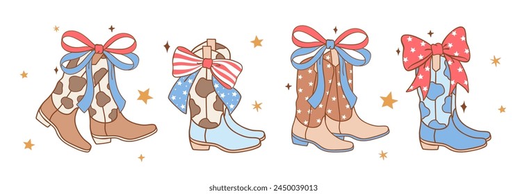 Dibujo de Ilustración vectorial coqueta botas de vaquera 4 de julio País occidental Día de la Independencia Estilo de dibujos animados de moda femenino Doodle