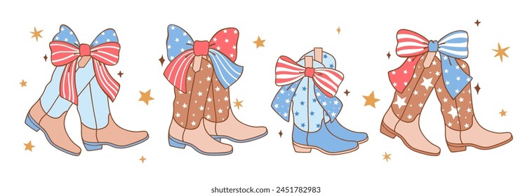 Draw vector illustration coquette cowgirl 4th of july Western country Independence day Trendy girly Doodle cartoon style