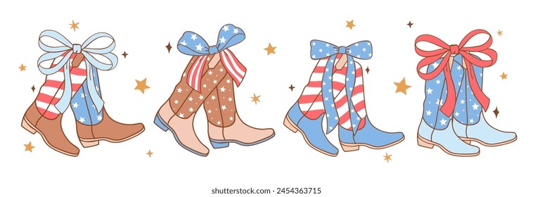 Draw vector illustration coquette cowgirl boots 4th of july Solf girl Independence day Trendy girly Doodle cartoon style